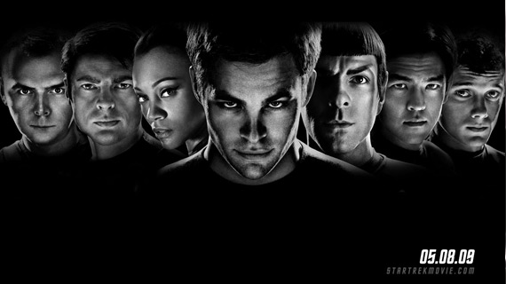 A pre-release promotional poster for Star Trek (2009) featuring the principal cast.