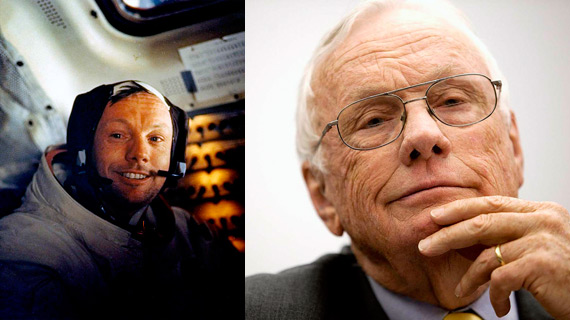 Neil Armstrong (left) in 1969 after walking on the Moon and (right) in a recent portrait.