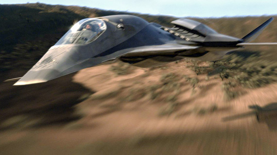 The Talon performs an exercise over the desert in an early scene from Stealth. 